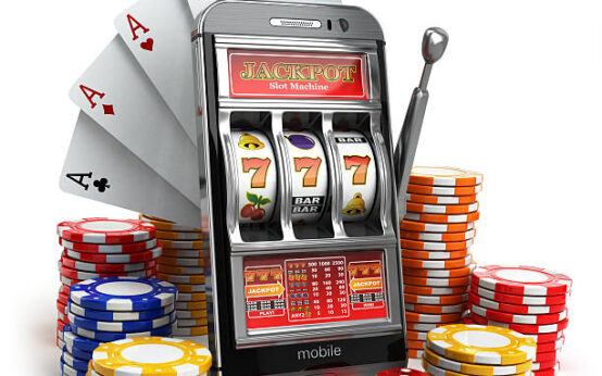 Online casino concept. Mobile phone, slot machine, dice and cards. 3d